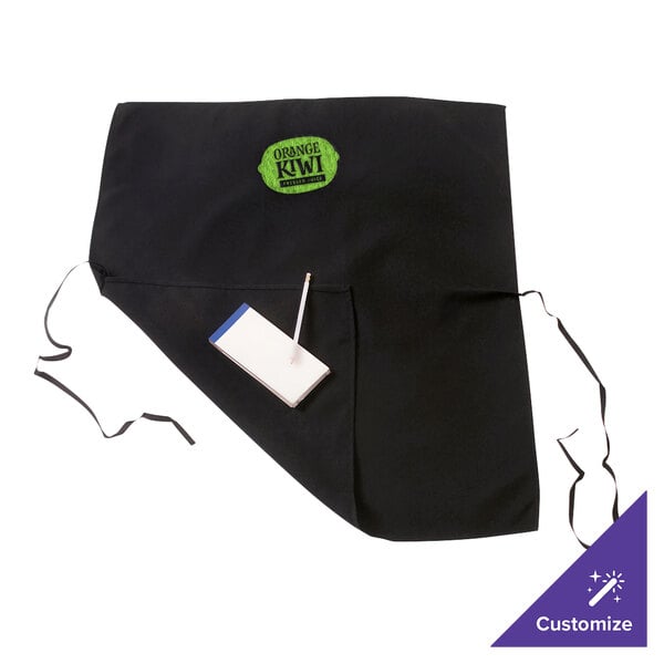A royal blue poly-cotton waist apron with three pockets, measuring 12 by 24 inches, worn by a person.