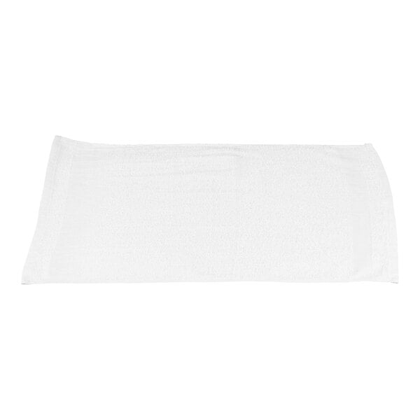 A white rectangular terry cloth towel is laid flat against a white background.