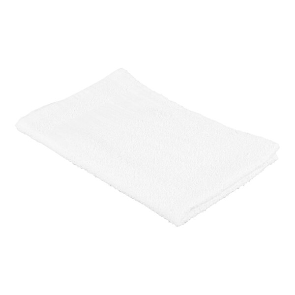 A folded white terry cloth towel is shown against a plain background.