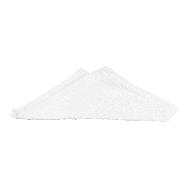 A white, folded terry cloth towel is shown against a plain background.