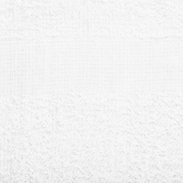A close-up view of a white, textured terry cloth fabric with a horizontal band pattern.