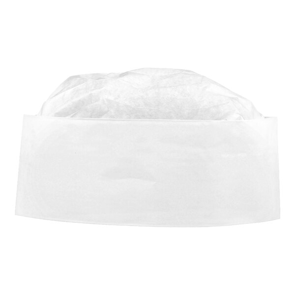 A white, disposable paper cap with a flat band and a slightly puffed top, photographed against a plain background.