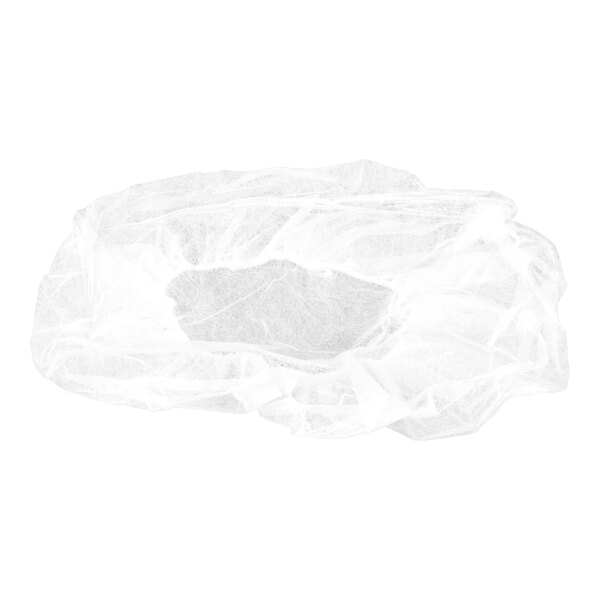 A white, translucent, disposable bouffant cap made of a lightweight, mesh-like material with an elastic opening.