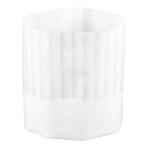 A white, pleated paper chef hat with a flat top and an adhesive closure.