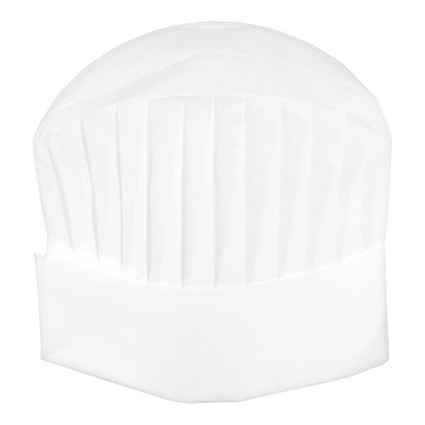 A white, pleated chef hat with a vented top and a wide band at the bottom.