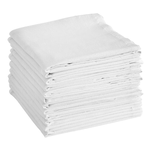 A stack of twelve white 100% cotton flour sack towels.