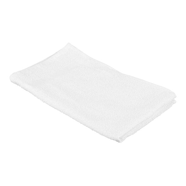 A folded white terry cloth towel is shown against a plain background.