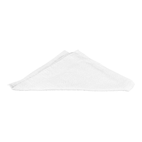 A white, folded terry cloth towel is shown against a plain background.
