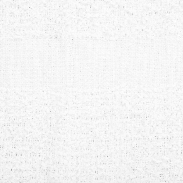 A close-up view of a white, textured, terry cloth fabric with a subtle horizontal band pattern.