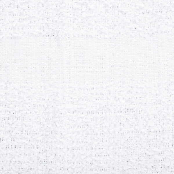 A close up of a white Chef Revival bar towel with a small hole in the fabric.