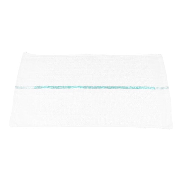 A white rectangular towel with a single green stripe running horizontally across the middle.
