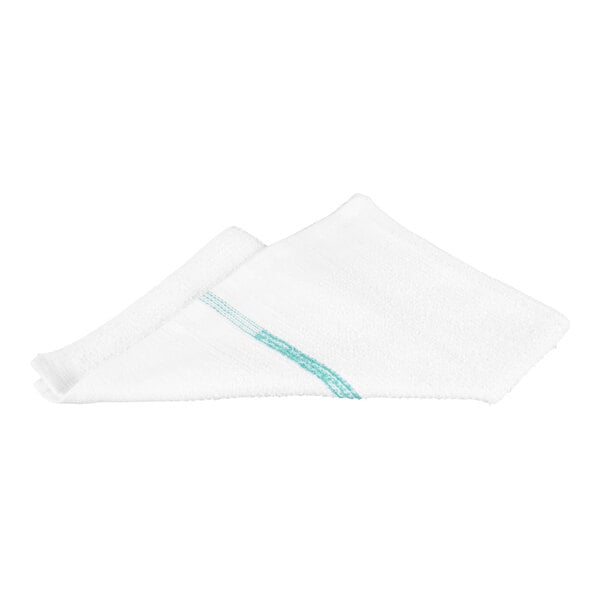 A white rectangular towel with a green stripe, partially folded on a white background.