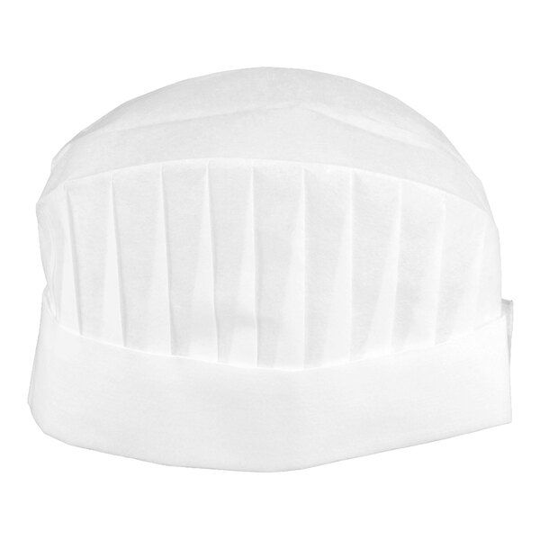 A white, pleated chef hat with a vented top and a wide band at the base.