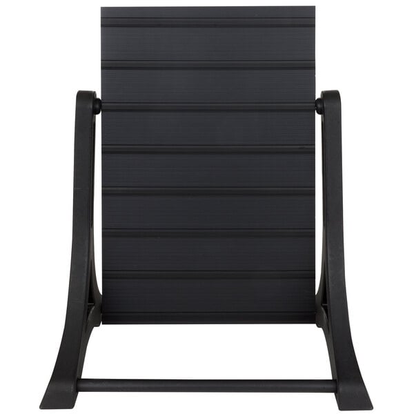 A black Aarco Rocker letterboard with legs on a metal stand.