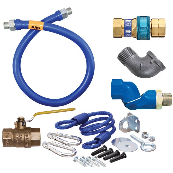 A blue Dormont gas connector hose with various parts.