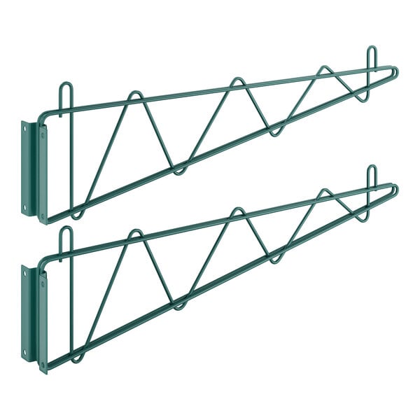 A pair of green metal Regency wall mounting brackets with two hooks on each.