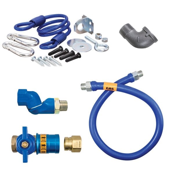 A blue flexible gas connector hose with fittings and a yellow label.