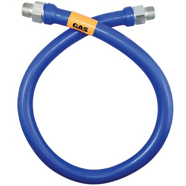 A blue Dormont stainless steel flexible gas connector hose with a yellow label.