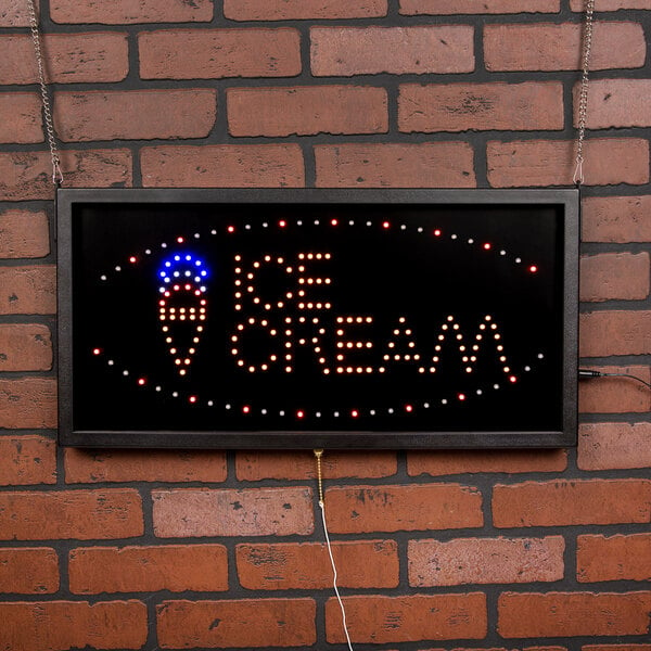 An Aarco LED sign that says "Ice Cream" on a white background with lights.