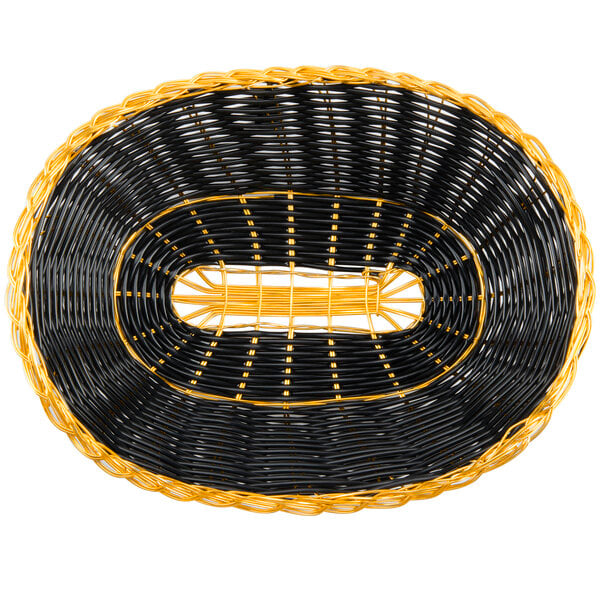 A black and yellow oval wicker basket with a handle.