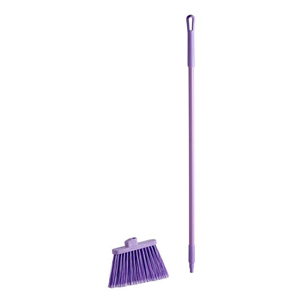 A purple broom with long bristles.