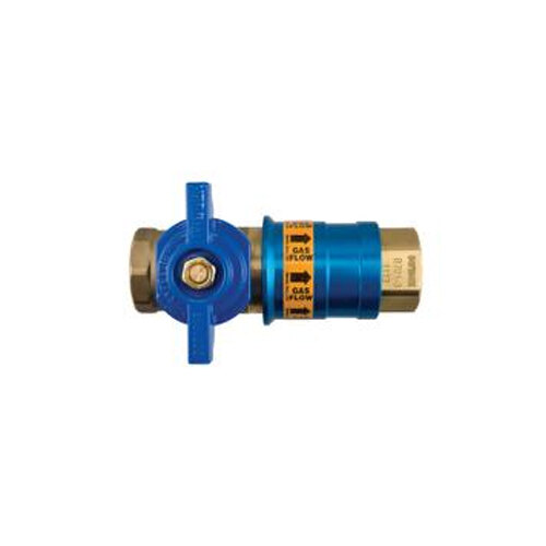 A blue valve with a yellow label on a white background.