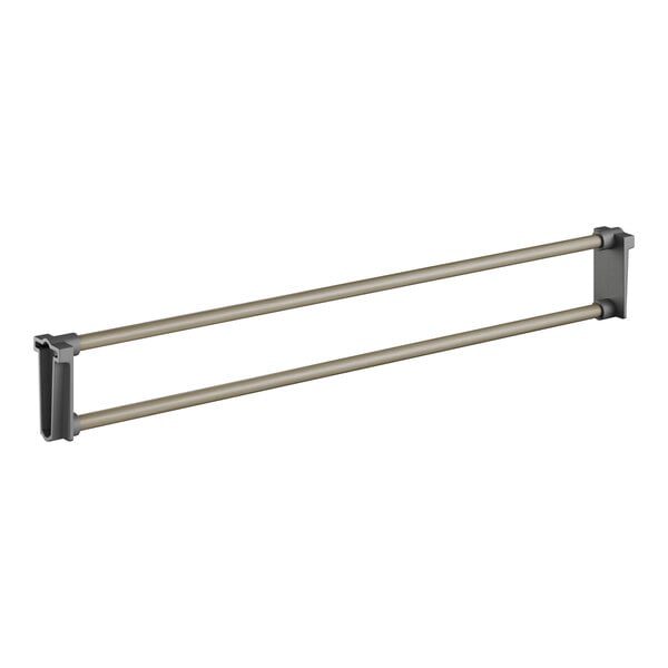 A metal bar with two metal rods, used as an end shelf rail for Cambro Camshelving®.
