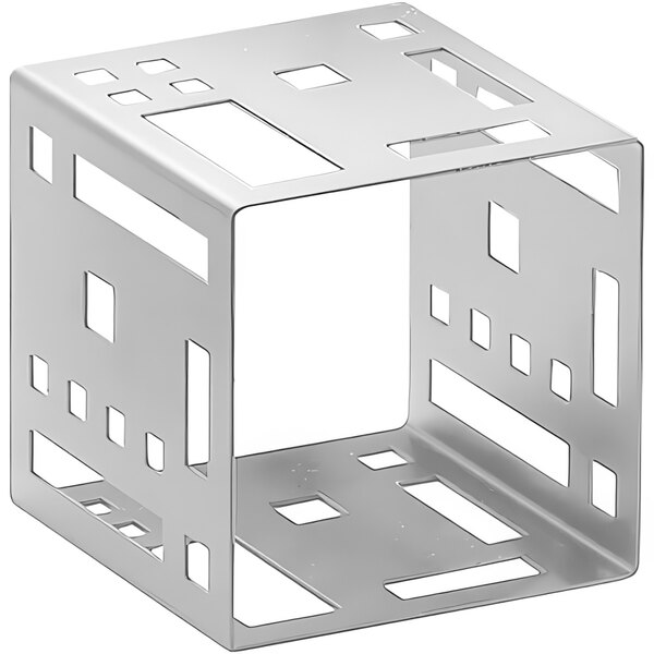 A stainless steel cube riser with a square shape on it.