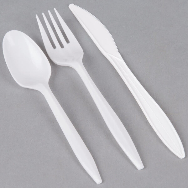 Choice Medium Weight White Wrapped Plastic Cutlery Set with Knife, Fork, and Spoon 50/Pack
