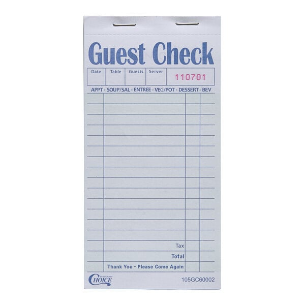 A green and white carbon guest check pad used for recording restaurant orders.