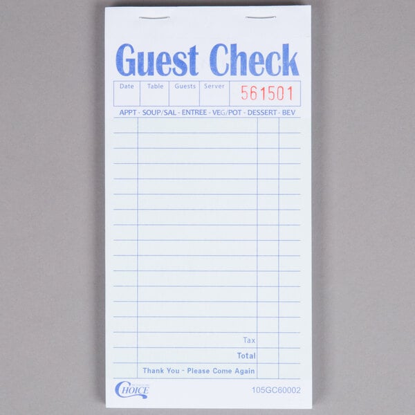 A Choice guest check with a white background and lines for writing.