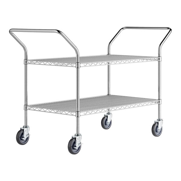 A Regency chrome metal utility cart with two shelves and wheels.