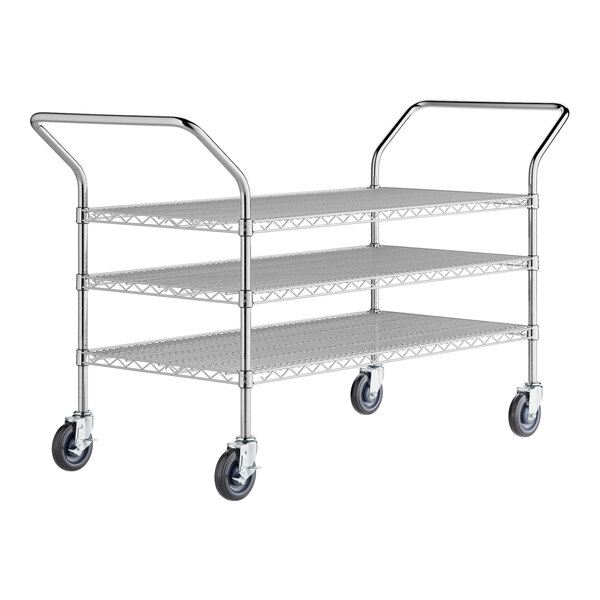 A Regency chrome utility cart with three shelves.