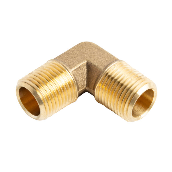 A Dormont Swirl brass water connector hose with brass elbow fittings.