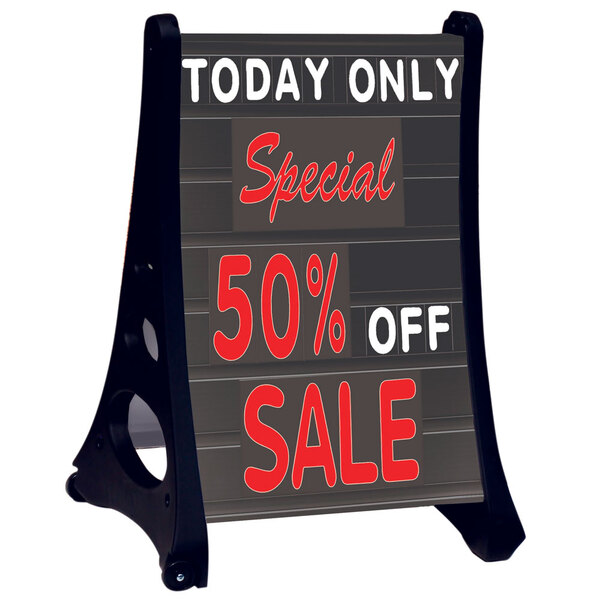 A black Aarco A-frame sign with white letters.