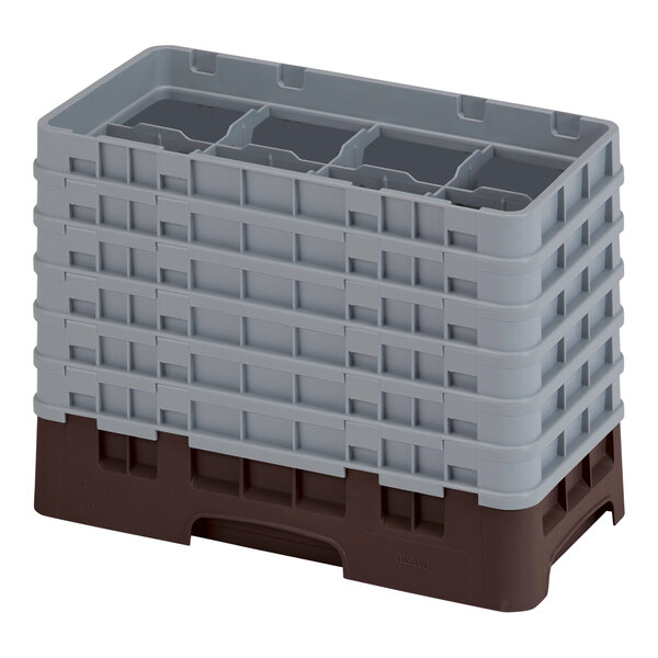 A brown plastic Cambro glass rack with 8 compartments.