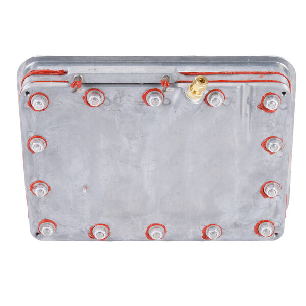 A metal plate with red and white rubber rivets.