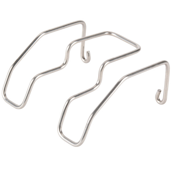 A Robot Coupe wall rack with two stainless steel hooks.