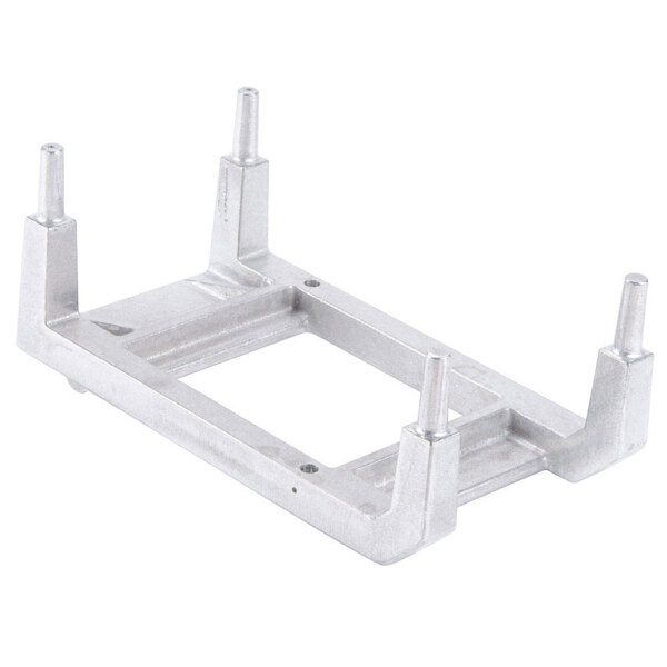 A silver metal frame with metal legs for a Nemco Chicken Slicer.