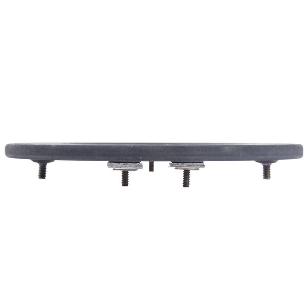 A black circular heating element with two metal screws.