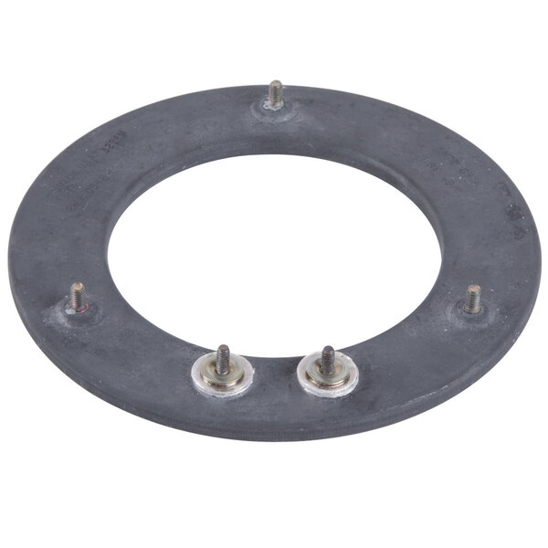 A round black metal heating element with screws.