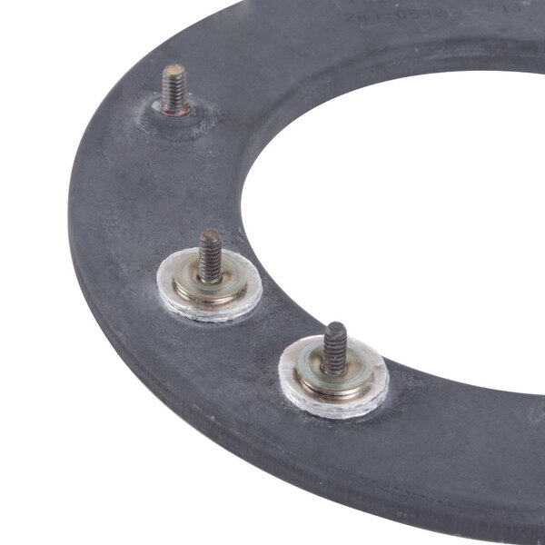 A black metal circle with screws and bolts.