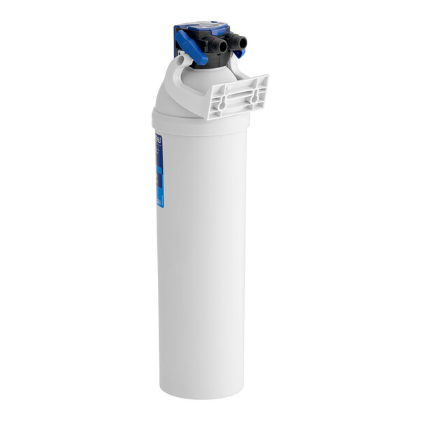 A white plastic water filter with a blue handle.