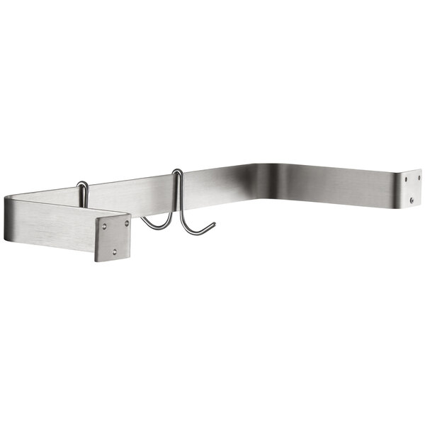 A Regency stainless steel wall mounted pot rack with double prong hooks.