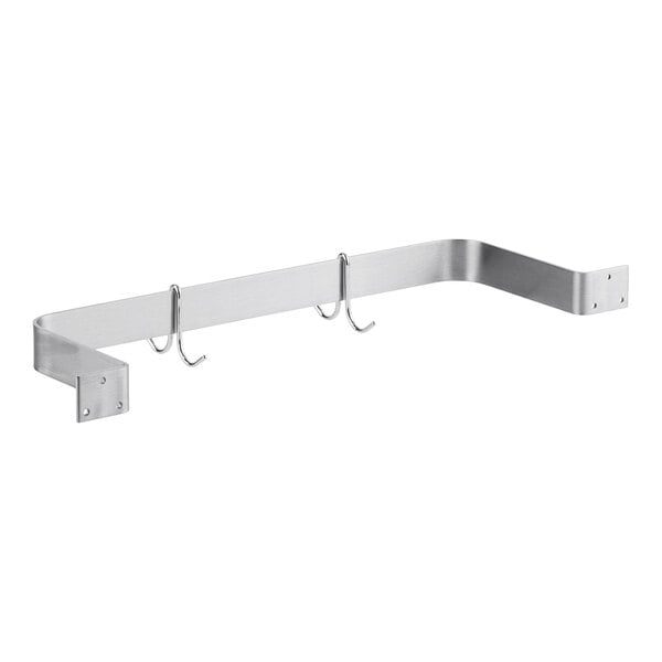 A stainless steel wall-mounted single line pot rack with two double prong hooks.