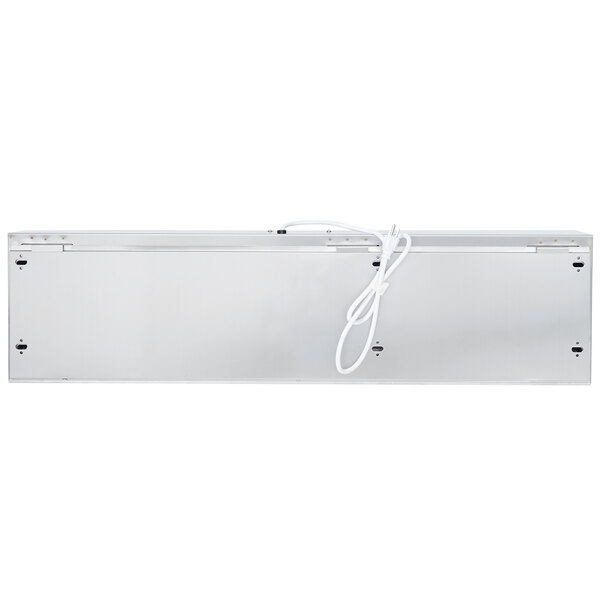 A silver rectangular air curtain with a white cord.