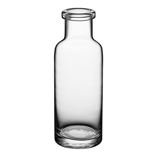 A close up of a clear glass Libbey Helio Water Bottle with a cap.