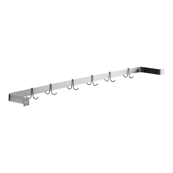 A long stainless steel wall-mounted pot rack with six double prong hooks.