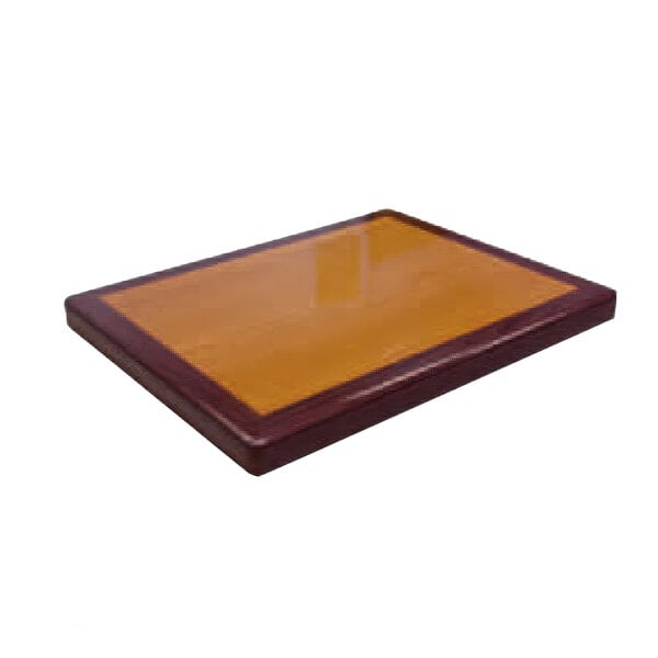 An American Tables & Seating rectangular table top with a brown border and a cherry and mahogany center.