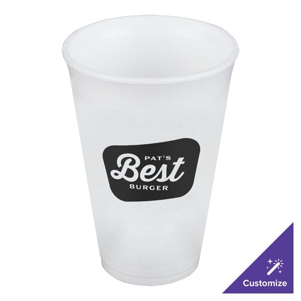A white 16 oz. foam cup with a black logo that reads 'Pat's Best Burger' on the front.